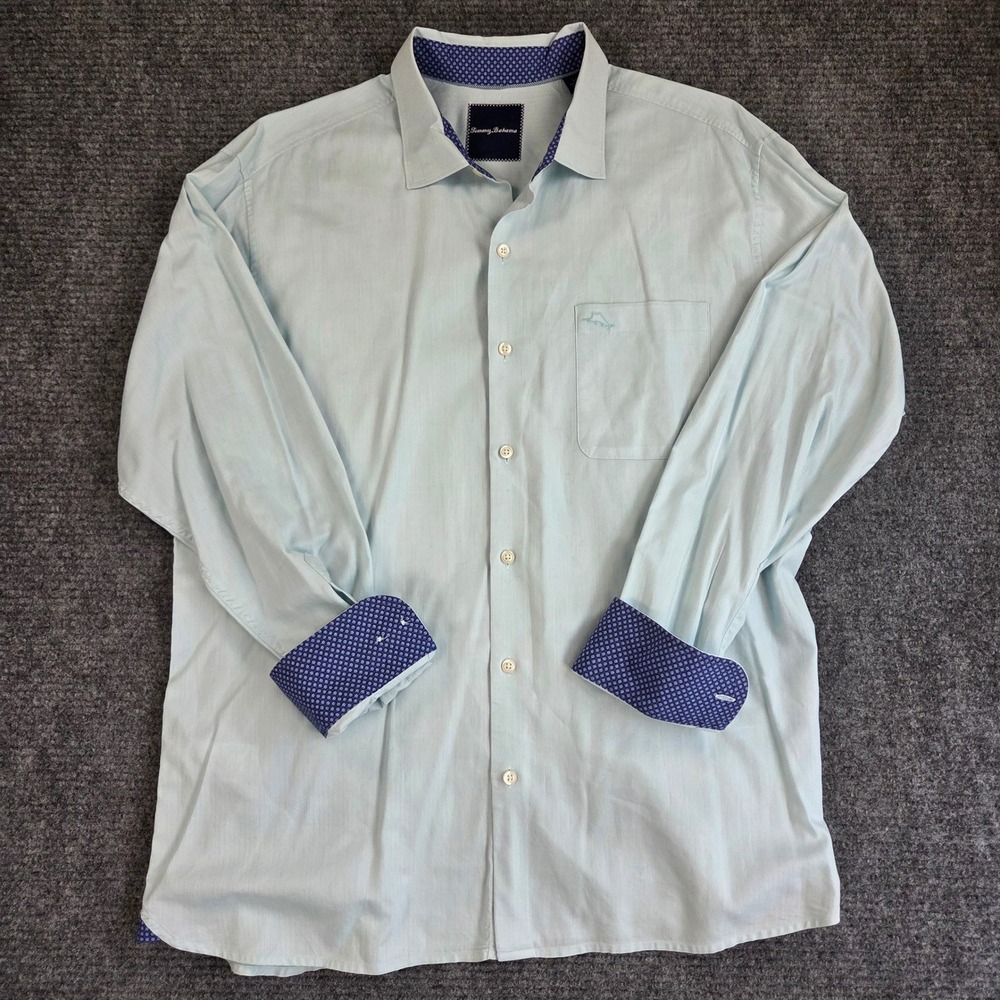 Tommy Bahama Pima Cotton Mens Large Light Blue Button Down Shirt Contrast Cuffs